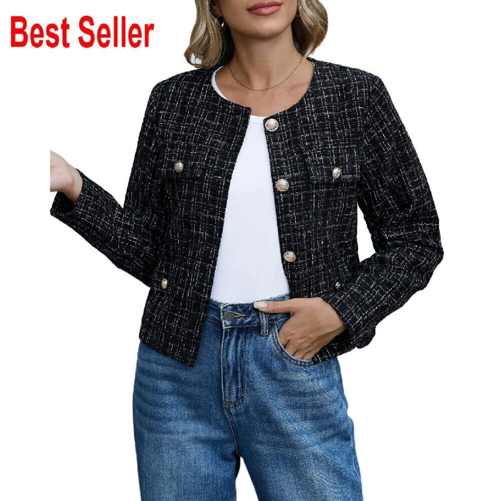 Cropped Tweed Blazer Elegant Slim Collarless Business Casual Chic Minimal
